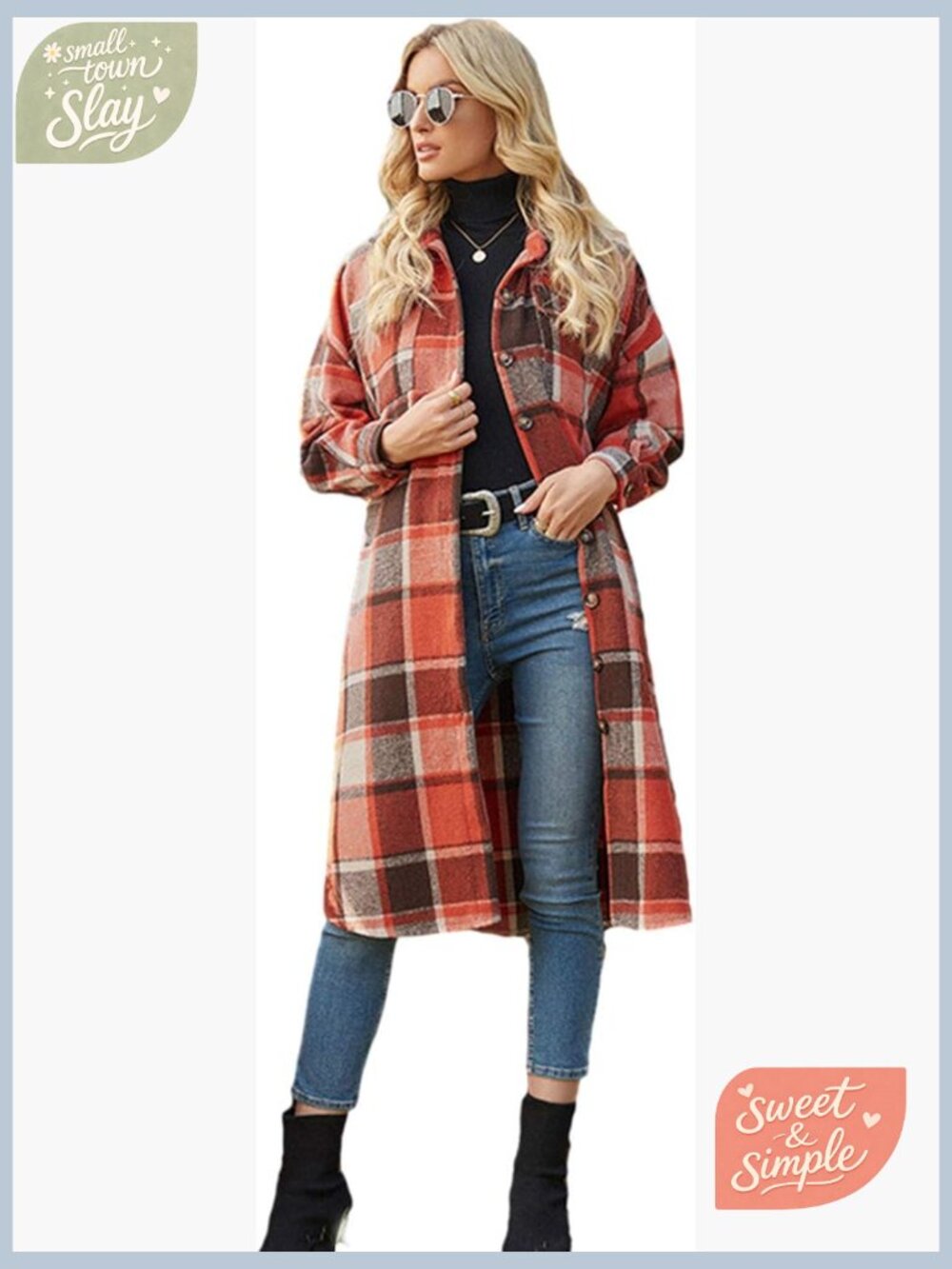 Women's Plaid Button Down Shacket Jacket Oversized Long Sleeve Coat